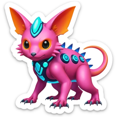 Tropical futuristic lush warm-colored modern colorful neon-colored cyber-Fakémon-Digimon-Trico-creature sticker