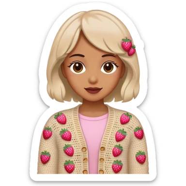 beige crocheted cardigan embroidered with small pink strawberries sticker