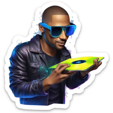A dj wearing sunglasses playing music holding a cd record record, vinyl, oilslick holographic blacklight inverted graffiti dark dull sticker