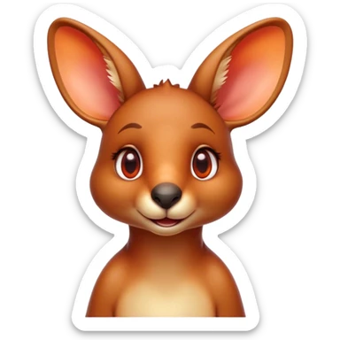 Cinematic Cute Kangaroo Portrait Emoji, Head tilted playfully and inquisitively, featuring a glossy red-orange fur with soft, rounded ears and round, sparkling amber eyes full of curious mischief, Simplified yet irresistibly adorable features, highly detailed, glowing with a warm, friendly glow, high shine, affectionate and bouncy, stylized with a touch of outback whimsy, bright and endearing, soft glowing outline, capturing the essence of a mischievous yet loving kangaroo, so playful it feels like it could hop out of the screen and into your arms! sticker