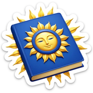 A golden yellow book with royal blue accents, smooth and polished, embossed with a symbol of six pillars, a sun, or a glowing mirror, radiating strength, confidence, and the power of self-worth.  sticker