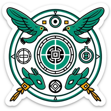 Ancient Maya symbols for message sending and receiving, stylized with authentic Maya animal messengers. Only dark green (#013220) lines on white background, geometric sticker