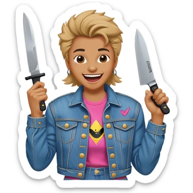 savage person wearing 80s 1988 outfit, denim jacket with shoulder pads, holding a knife, laughing maniacally sticker
