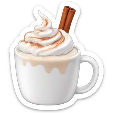 white mug of hot chocolate with whipped cream and cinnamon sticker