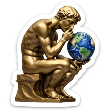 rodins sculpture the thinker but with a planet earth in its hand sticker