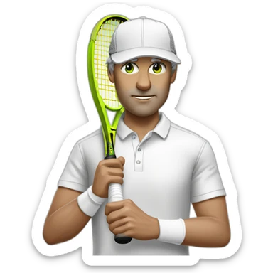 Tennisplayer green-eyed white-male in his 50s,gray-hear and gray-knob, white cap and white-shirt with tennis-raquet and tennis-ball sticker