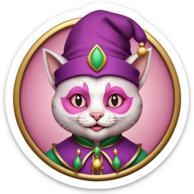 court jester cat medieval, single poker card joker clearly visible, pink, face only, round badge,  court jester cap sticker
