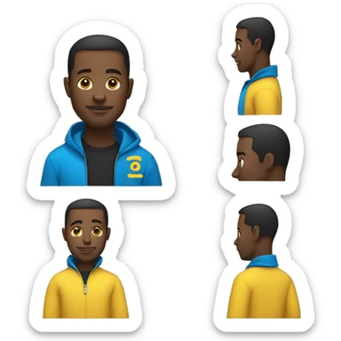 A black man with a blue zip-up sweater with a yellow logo that says "csee" on it sticker
