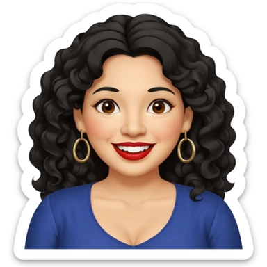 40 yr old Mexican woman, slightly chubby, wavy/curly long black hair, red lipstick, big smile, white teeth, brown eyes, hoop earings, side part to hair, round face, nice blouse, no wrinkle hair side swept, big hoop earing sticker