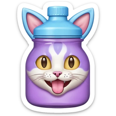 Smiling bottle of oil light purple top and light blue sticking tongue out and with cat ears sticker