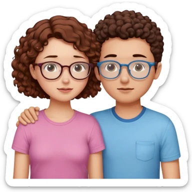 a couple where de girl has short, redish brown hair, pink shirt and the boy has short curly dark brown hair, has glasses and has light blue shirt. they are facing each other and their noses touch sticker