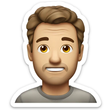 Man with brown quiffed hair with grey bits in, cubby cheeky, stubble, tortoise plastic glass square on sticker