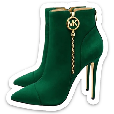 Hyper Realistic, Michael Kors jewel tone emerald green suede pairs of stiletto ankle bootie boots, detailed  sparkly logo detailed zipper sticker