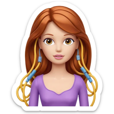 plastic barbie doll tightly bound with tangled AUX cables. sticker