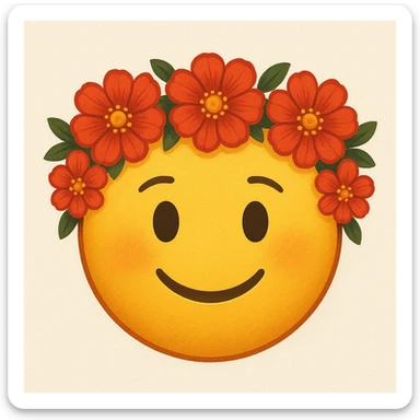 yellow face with red flower crown emoji, digital illustration sticker