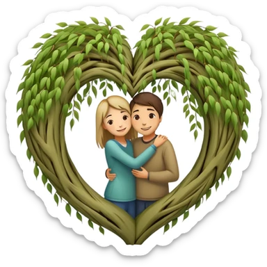 heart-shaped weeping willow tree with two people hugging inside the heart shape, with a small heart above them sticker