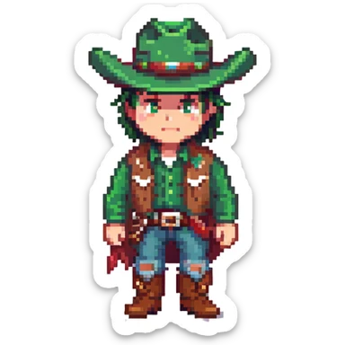 Cowboy with a green hat without a star, western clothes sticker