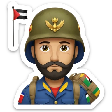 A tired, swarthy Iraqi soldier with a beard, an Iraqi flag on his helmet, a sad expression and bags under his eyes sticker
