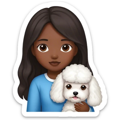 Asian girl with dark skin and long hair and a bichon sticker