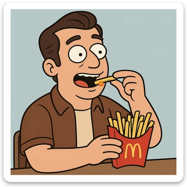 Side oil head brown shirt beige shirts  eating mcdonalds fries some sauce sticker