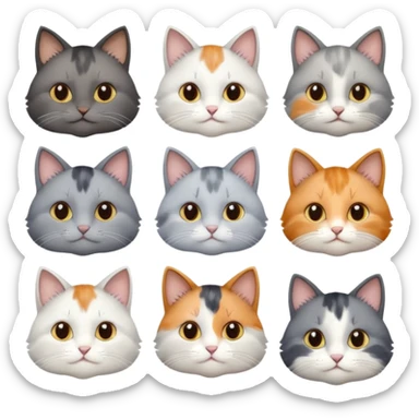 6 realistic looking cats with different natural coloured coats, assorted grey and white, greys, calico, brown and white colours etc
 sticker