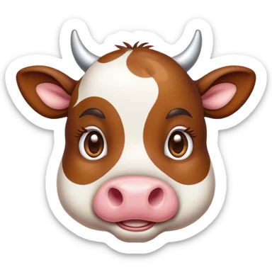 Cinematic Cute Brown and White Cow Portrait Emoji, Head tilted playfully and inquisitively, featuring a glossy, richly patterned hide of brown with striking white patches, round, sparkling brown eyes filled with gentle curiosity, Simplified yet irresistibly adorable features, highly detailed, glowing with a warm, friendly glow, high shine, affectionate and serene, stylized with a touch of country charm, bright and endearing, soft glowing outline, capturing the essence of a mischievous yet loving cow, so playful it feels like it could moo out of the screen and into your arms! sticker