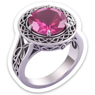 realistic 3D gothic ring with silver and pink gemstone, minimal and elegant sticker