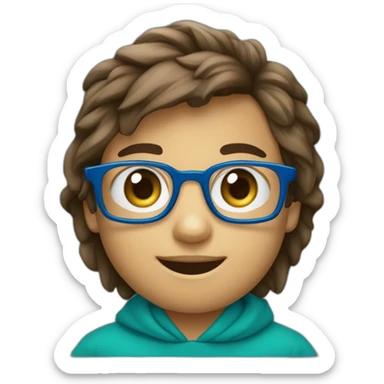 niño 11 años alto delgado con gafas rectangulares azules nariz pequeña sudadera azul, ojos verdes, pelo castaño un poco largo sticker