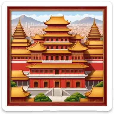 Cinematic Realistic Forbidden City Landmark Emoji, depicting grand imperial architecture with golden rooftops, vast courtyards, and intricate wooden carvings, all surrounded by towering red walls. sticker