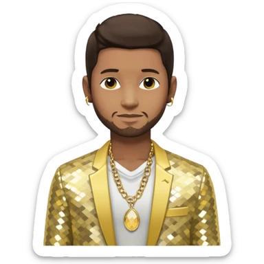 Usher with dark brown hair, pale yellow sequin jacket, shirtless with necklace  sticker