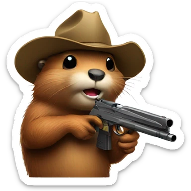 beaver with a gun and a cool hat sticker