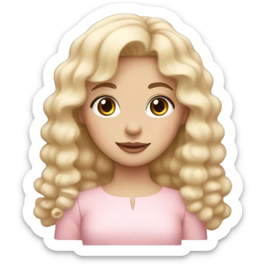 pale girl with bangs and long blonde curly hair and a pastel pink puff sleeve dress sticker