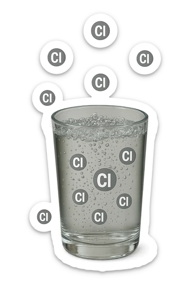 un bicchiere di acqua cade verticalmente dall'alto realistico e dettagliato, dentro l'acqua del bicchiere ci sono particelle di cloro ben visibili con la scritta "Cl" sopra, ci sono particelle anche che escono dal bicchiere e fluttuano in aria verticalmente, mentre alcune sono all'interno dell'acqua nel bicchiere, iperrealistico 4k sticker