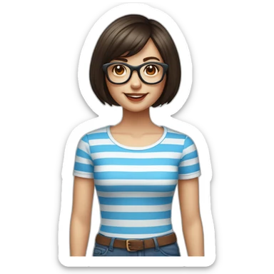 caucasian woman with retro glasses, dark brown hair, a bob haircut, bangs, braces on teeth, blue and white striped t shirt sticker