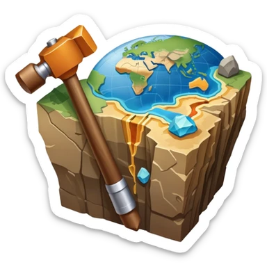 An icon featuring a rock hammer, a geological map, and layers of Earth’s crust, symbolizing geology. The design includes mineral samples, fossils, and tectonic plates, representing the study of Earth’s structure and natural processes. Transparent background highlights geological exploration sticker
