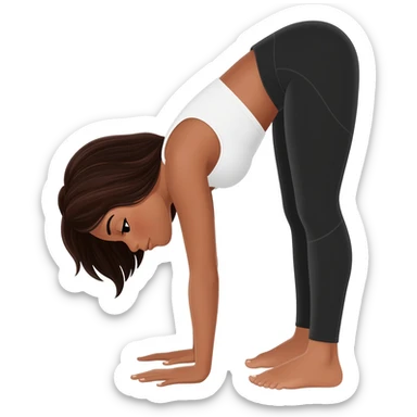 Девушка белокожая с правильными пропорциями тела стоит в позе собака мордой вниз, только человек, с длинными темными волосами, в коротком белом топе, в черных лосинах, с черными ресницами sticker