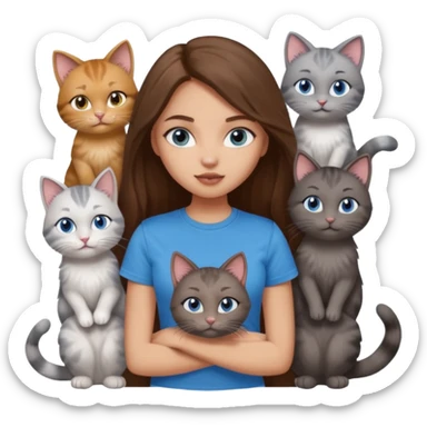 a pretty bratz dusky light skin girl with long brown hair, blue eyes with six cats nd wearing a grey tshirt sticker