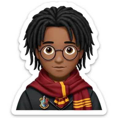 Luke Youngblood is Lee Jordan in harry potter, wear hogwarts uniform, dreadlocks black  hair, black skin,  gryfindor scarf around neck sticker