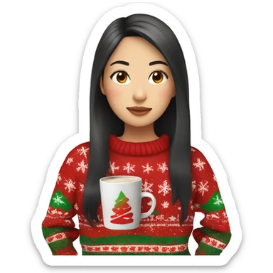 asian girl drinking coffee wearing Christmas sweater sticker