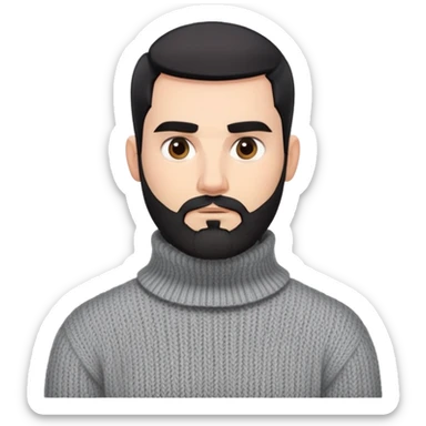 Man with angular square face, neatly trimmed full beard, thick dark eyebrows, short black hair styled back. Serious expression. Wearing a chunky knit light gray sweater with folded turtleneck collar. sticker