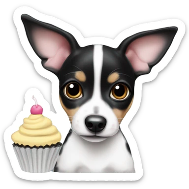 Cute big eyed Black and white rat terrier puppy (no brown or tan) eating a cupcake sticker