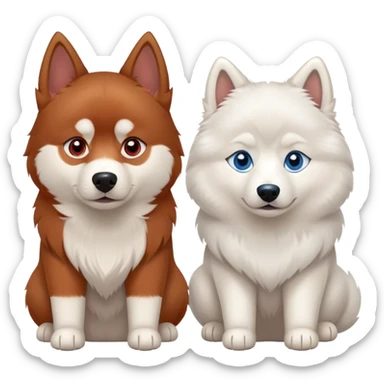 two dogs sitting side by side: a red siberian husky with blue eyes, and a white samoyed with brown eyes sticker