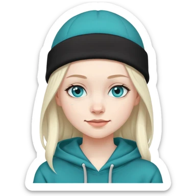 girl with a black beanie on and a teal hoodie. she has blue eyes, no hair and is smirking sticker