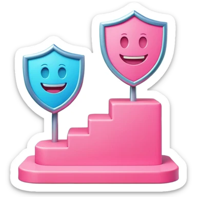 Minimalist 3D emoji-style podium with 2 steps on a green chroma key background. Step 1 (higher) features a handshake icon with blue neon glow. Step 2 (lower) features a smiling tooth with a shield icon and pink neon glow. Clean rendering, soft colors, uniform lighting. sticker