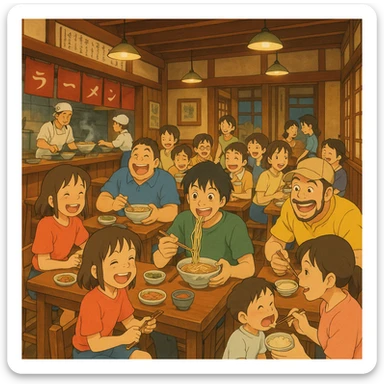 bustling anime restaurant scene with many cheerful customers, dynamic composition, Studio Ghibli style sticker