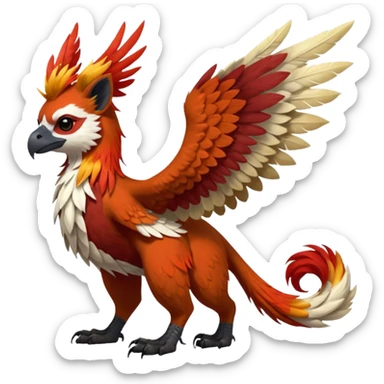 4-legged realistic digitigrade scaly winged long-big-beaked Gryphon-Griffin-Griffsnuff-Talonflame-Silvally-Braviary-Red-Panda-fusion-hybrid-animal-Fakémon-creature, full body, with a long thin tufted lion-tail, long big tufted winged feathery ears sticker