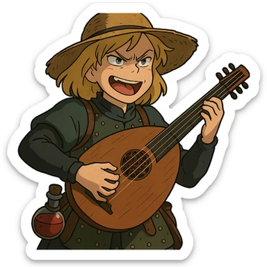 A female bard , blond hair, wearing brigandine armor with a sturdy straw hat, playing a fat medieval lute and singing, night time shadows, tool belt with red potion and bandages, portrait , mischievous grin, anger sticker