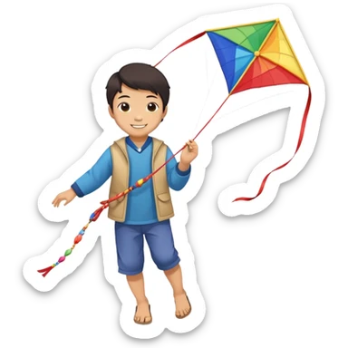 Asian kid flying Japanese kite  sticker