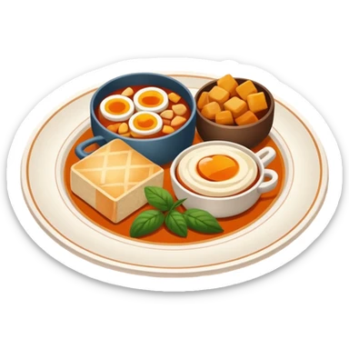 Homemade dishes on a plate, warm cozy colors, simple shapes, flat design, high contrast, friendly and inviting. sticker