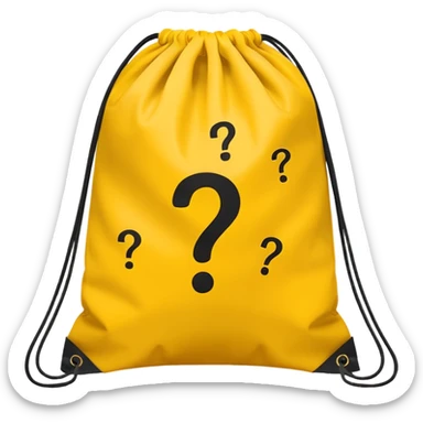 drawstring bag printed withoverstuffed with yellow question marks sticker